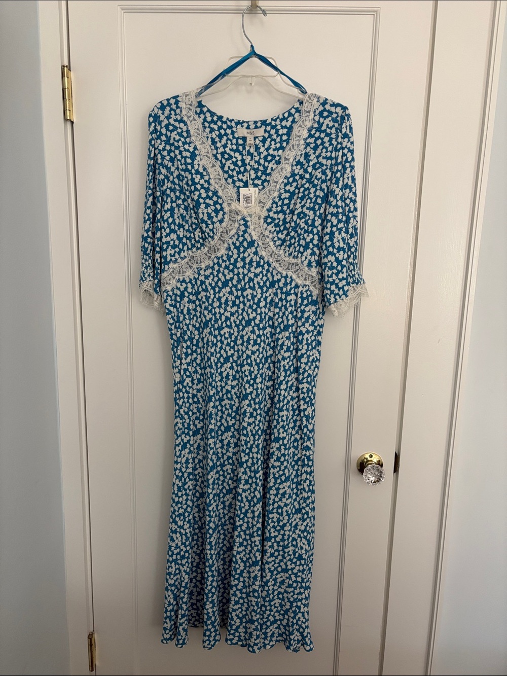 Marks & Spencer Teal Blue Floral Maxi Dress with Cream Lace
